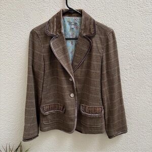 J. Jill Brown Plaid Blazer Jacket Size 4 Velvet Trim Blue Floral Lining Pockets